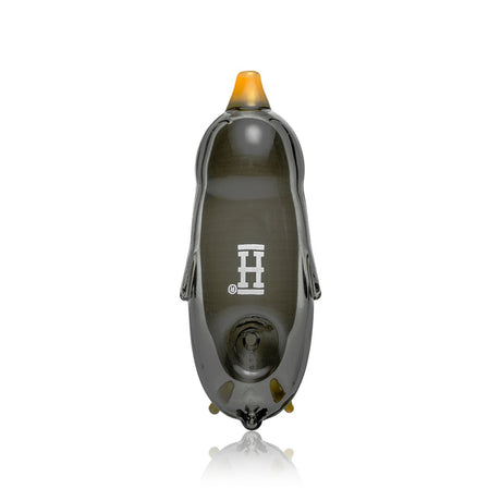 Top view of Hemper Penguin glass hand pipe showing bowl on the back, white H logo and yellow beak mouthpiece on white surface.