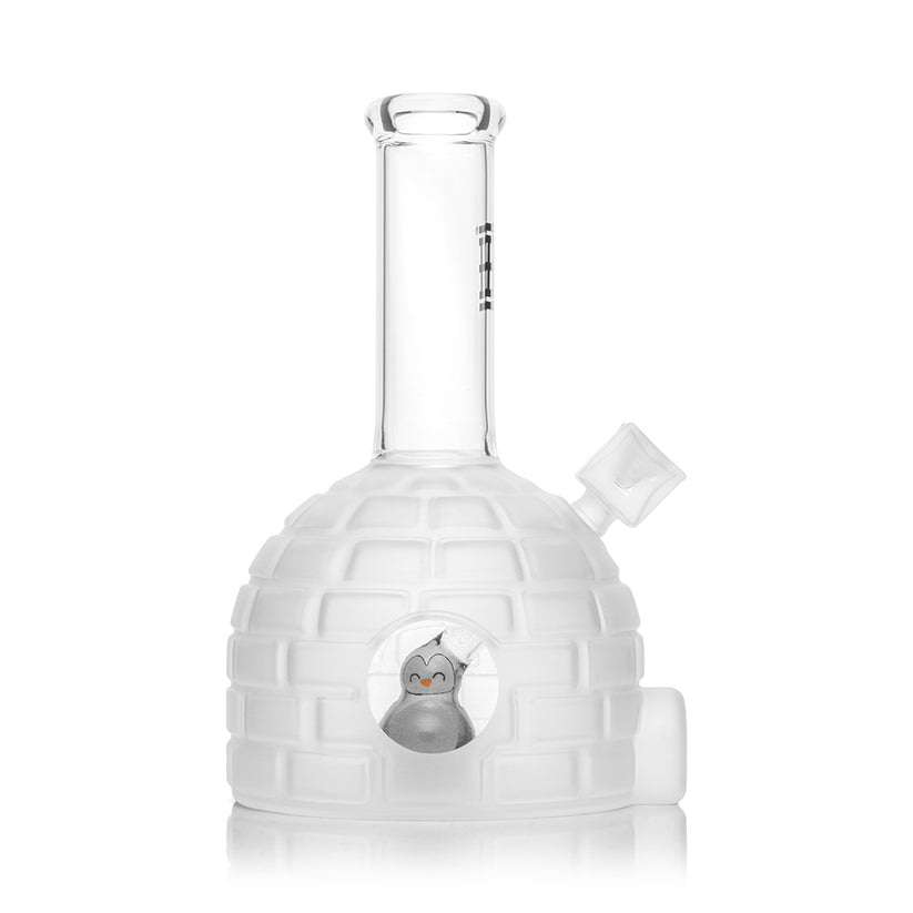 Side profile of Hemper Penguin XL igloo bong highlighting frosted brick texture, clear neck and round window revealing the internal penguin perc.