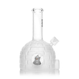 Side profile of Hemper Penguin XL igloo bong highlighting frosted brick texture, clear neck and round window revealing the internal penguin perc.