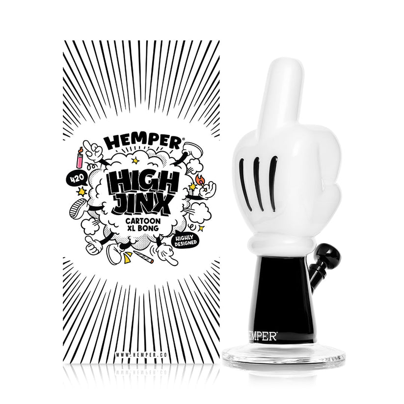 Front view of Hemper High Jinx 11-inch cartoon hand glass bong and matching graphic box, bold novelty centerpiece for home smokers.