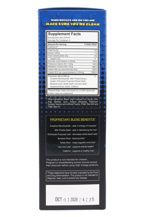 Back of High Voltage Detox 32 oz Blue Berry box showing Supplement Facts panel and ingredient list for the two 16 oz bottles.