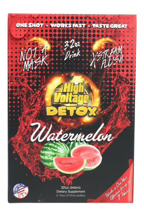 High Voltage Detox 32 oz Watermelon box front, red splash design and “X-Stream Flush” callout; contains two 16 oz bottles.