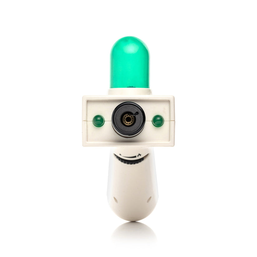 Front view of Hemper Portal Gun refillable torch with centered nozzle, twin green buttons and tall green LED dome light.