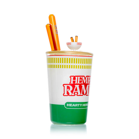 Side angle of Hemper ramen cup XL glass water pipe highlighting tall cup shape and twin orange mouthpiece straws