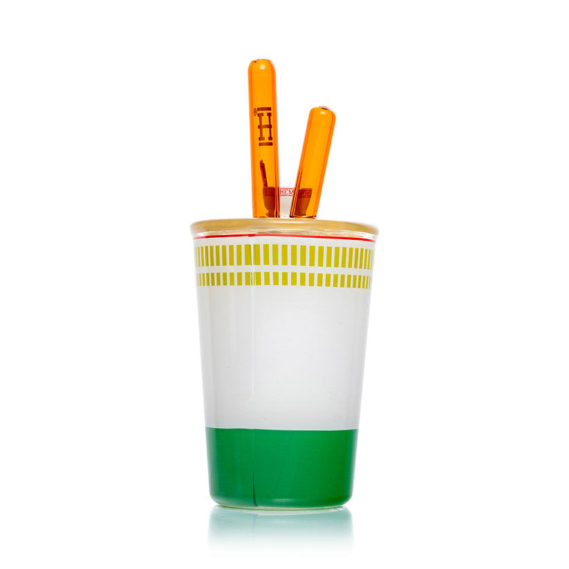 Rear view of Hemper ramen cup bong showing green and white cup wrap design and protruding glass mouthpieces