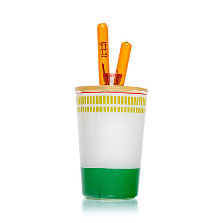 Rear view of Hemper ramen cup bong showing green and white cup wrap design and protruding glass mouthpieces