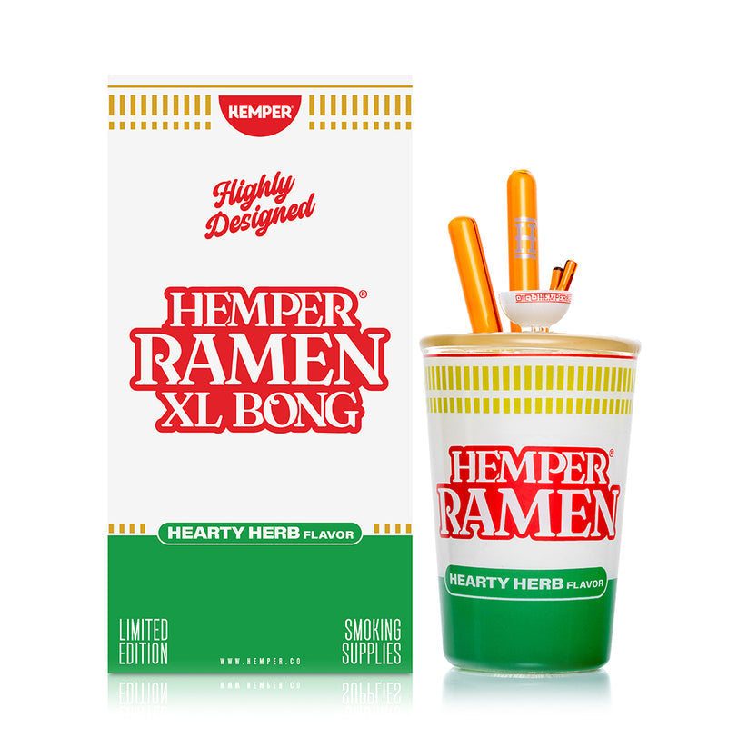 Hemper Ramen XL bong displayed with branded retail box, Hearty Herb Flavor graphics and full cup silhouette