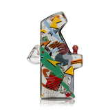 Side angle of Hemper Totally Rad arcade glass bong highlighting multicolor 80s-style geometric artwork and angled mouthpiece.