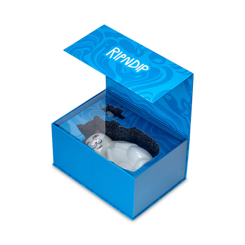 Open blue RIPNDIP x Hemper collector box with foam insert cradling the High Nermal cat bong for secure, display-ready packaging.