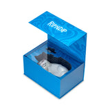 Open blue RIPNDIP x Hemper collector box with foam insert cradling the High Nermal cat bong for secure, display-ready packaging.