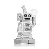 Three-quarter angle of chrome Hemper Hi-Robot 6″ glass bong showing etched panel, robot arm bowl joint and sturdy pedestal-style base.