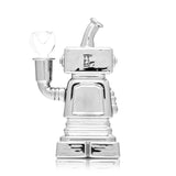 Rear view of chrome Hemper Hi-Robot glass bong highlighting 14.5 mm bowl joint, smooth robot back panel and reflective metallic finish.