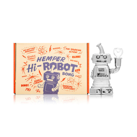 Front view Hemper Hi-Robot Bong gift box with cartoon robot art beside shiny chrome robot glass bong, centered product shot for retail listing.