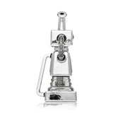 Side profile of chrome Hemper Hi-Robot XL recycler bong highlighting ribbed glass arm, angled neck mouthpiece, and stepped square base.