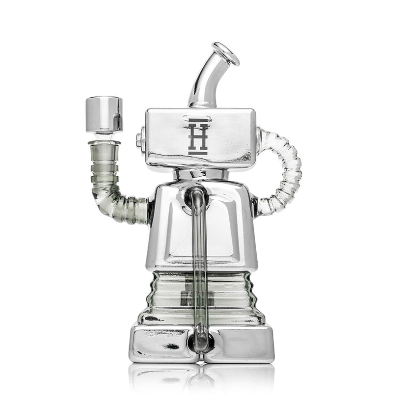 Rear view of Hemper Hi-Robot XL recycler bong showing clear downtake tube, recycler return, and chrome robot head with Hemper logo.