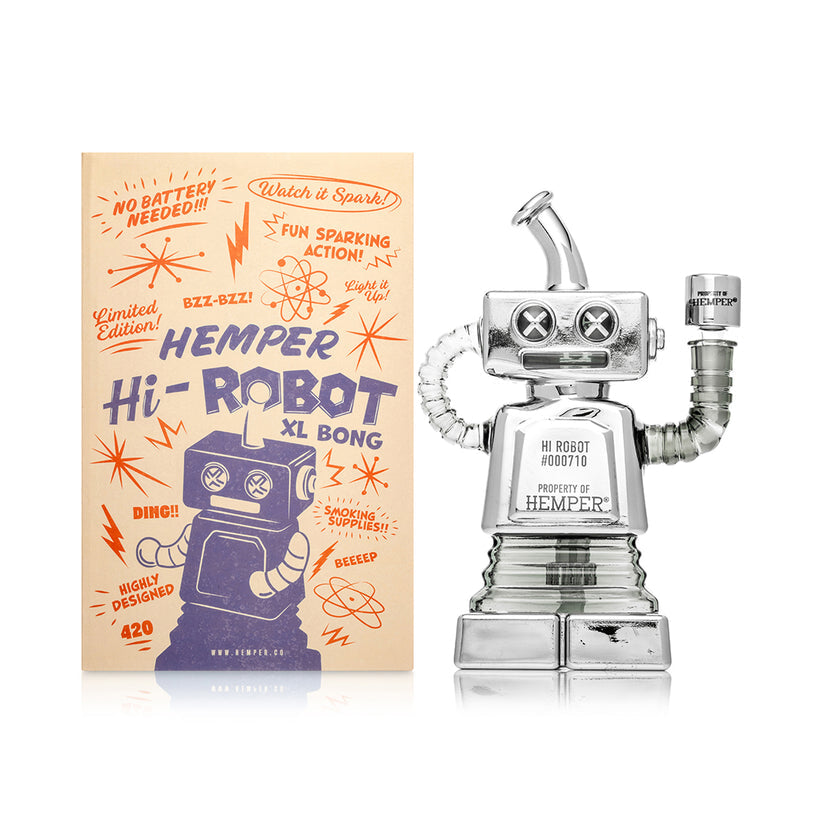 Front view of Hemper Hi-Robot XL recycler glass bong next to tan and blue Hi-Robot XL Bong box, ready for online smoke shop display.