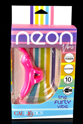 Close-up package of Neon Vibes “The Flirty Vibe” pink finger teaser showing silicone build, finger loop handle, 10 functions, USB rechargeable.