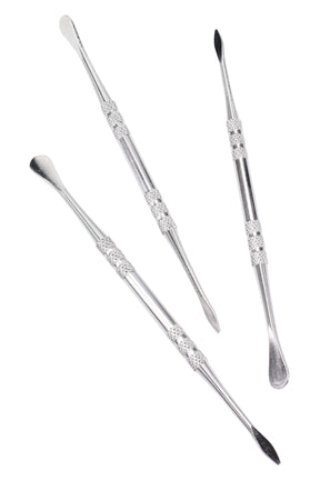 Three silver 4.5-inch zinc dab tools with dual ends—flat scoop and pointed pick—knurled mid-grip, arranged diagonally on white backdrop.