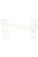 Clear drop-down sidecar glass adapter with two 18.8 mm male joints connected by an offset tube, shown angled on a white background.