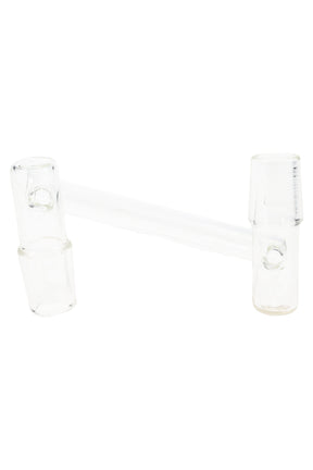 Clear drop-down sidecar glass adapter with two 18.8 mm male joints connected by an offset tube, shown angled on a white background.