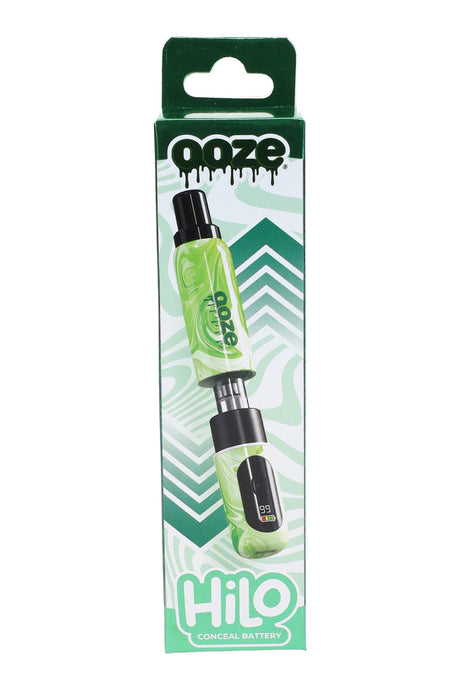 Green Ooze HiLo conceal 510 cart battery packaging, pocket-friendly design highlighted.