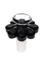 Glossy black flower glass bong bowl with 14.5 mm male frosted joint and clear cup; wide petal ring acts as stable roll-stop.