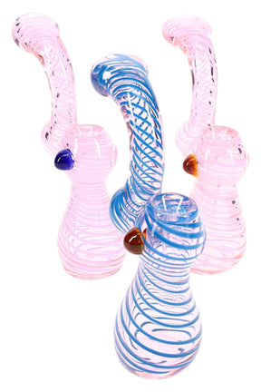 5½-inch pink glass sherlock bubbler with spiral stripes, curved neck, side carb, and round water chamber; accents vary between blue and white.