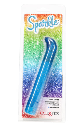 Blue glitter Sparkle Slim G-Vibe packaged on rainbow card; slim curved tip, waterproof design, three speeds, and easy push-button control.