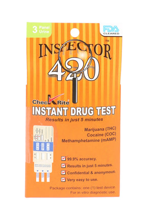 Inspector 420 3-panel urine drug test kit package, screens for THC, COC and mAMP with five-minute results; FDA-cleared at-home screening.