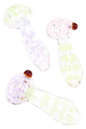 4″ clear glass hand pipe with multicolor neon dot pattern and a colored marble accent; assorted colorways, compact spoon; sold individually.