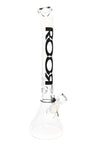 ROOR 18-inch bent-neck beaker bong, 5 mm glass, ice pinch, GOG joint with bowl and downstem, clear body with black ROOR logo.