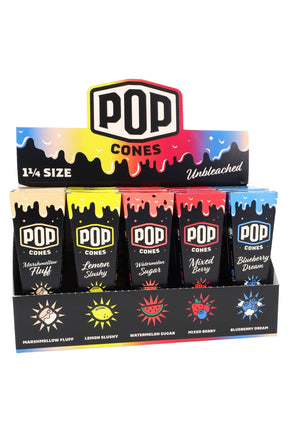 Pop Cones 2.0 25-count 1¼ display with assorted flavors including Watermelon Sugar and Mixed Berry.