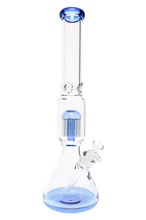 Light blue-accent 18-inch glass beaker bong showing tree percolator, ice pinch, and angled downstem.