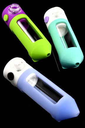 Trio of 5½″ silicone-sleeved glass mini water pipes showing assorted pastel colorways and viewing windows.