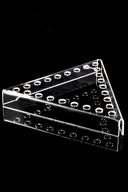 Clear acrylic triangular bowl display, empty 24-slot stand reflecting on black background, side perspective