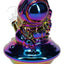 Rainbow-iridescent astronaut UFO glass mini bong with reflective finish and GoG joint, approximately 6″.