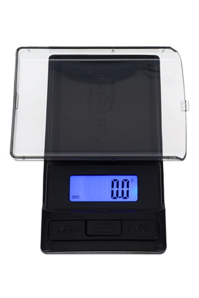 WeighMax 650-g digital pocket scale shown with clear flip cover and blue backlit LCD, ready for precise portable measurements