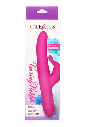Pink Teasing Tickler silicone rabbit vibrator in retail box with dual motors, 10 vibration functions, waterproof build, rounded tip and flexible tickler.