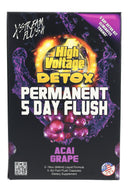 Front of High Voltage Permanent 5 Day Flush box, Açaí Grape flavor, complete five-day program with capsules and liquids.