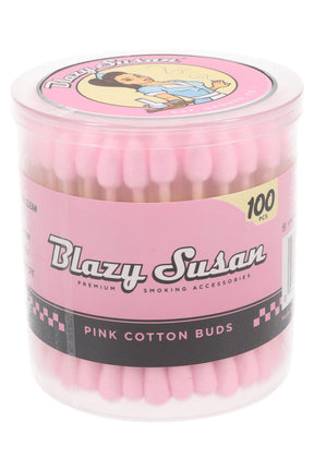 Clear plastic tub of 100 Blazy Susan pink cotton buds with bamboo sticks, featuring retro pin-up logo and black-pink label branding.