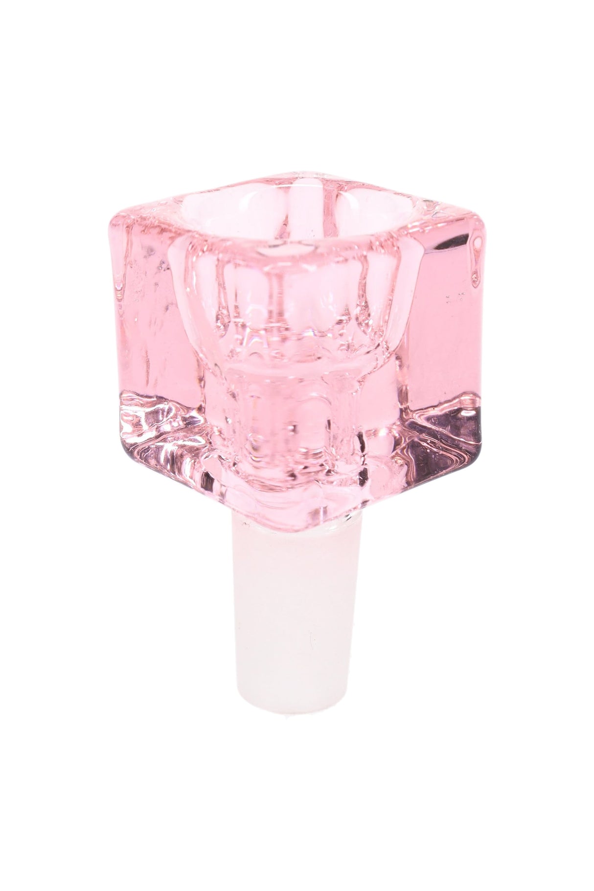 Soft pink glass cube bowl slide for 14 mm male joints, side angle showing thick walls and glossy finish on white backdrop.