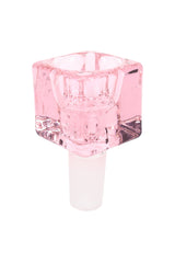 Soft pink glass cube bowl slide for 14 mm male joints, side angle showing thick walls and glossy finish on white backdrop.