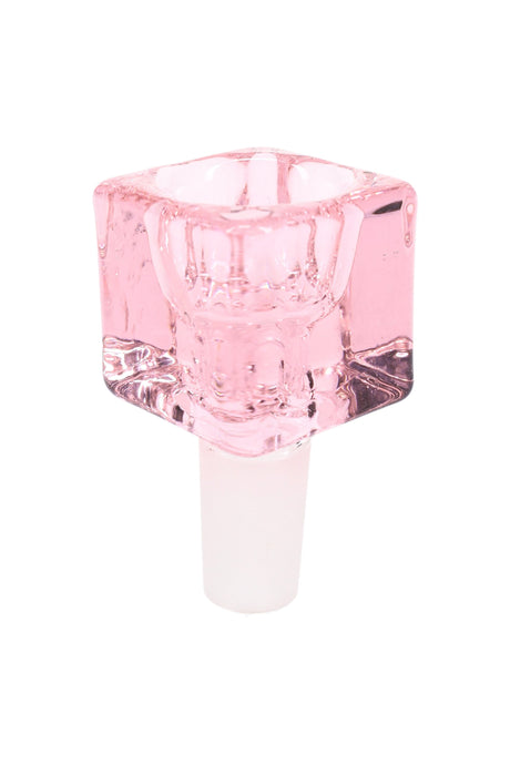 Soft pink glass cube bowl slide for 14 mm male joints, side angle showing thick walls and glossy finish on white backdrop.