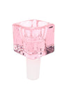Soft pink glass cube bowl slide for 14 mm male joints, side angle showing thick walls and glossy finish on white backdrop.