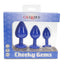 Cheeky Gems three-piece silicone butt plug set in deep blue with jewel bases, packaged in display box highlighting silky-smooth silicone.