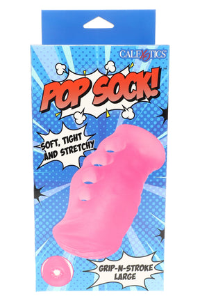 pink 6.25-inch TPE Pop Sock Grip-N-Stroke male masturbator sleeve with four-finger handle and comic packaging
