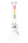 ROOR 14-inch beaker bong with rasta logo decal, clear borosilicate tube, ice pinch, and matching downstem and bowl.