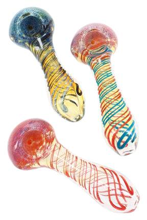 4″ color-changing glass hand pipe with spiral stripe stem, frit bowl, and marble grips; compact spoon in assorted color palettes.