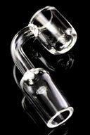 Angle view of domeless flat-top quartz bucket nail with sturdy 4 mm construction and polished rim for capping; clear glass on black.