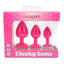 Cheeky Gems three-piece silicone butt plug set in bright pink with flared jewel bases, presented in retail box with waterproof icons.